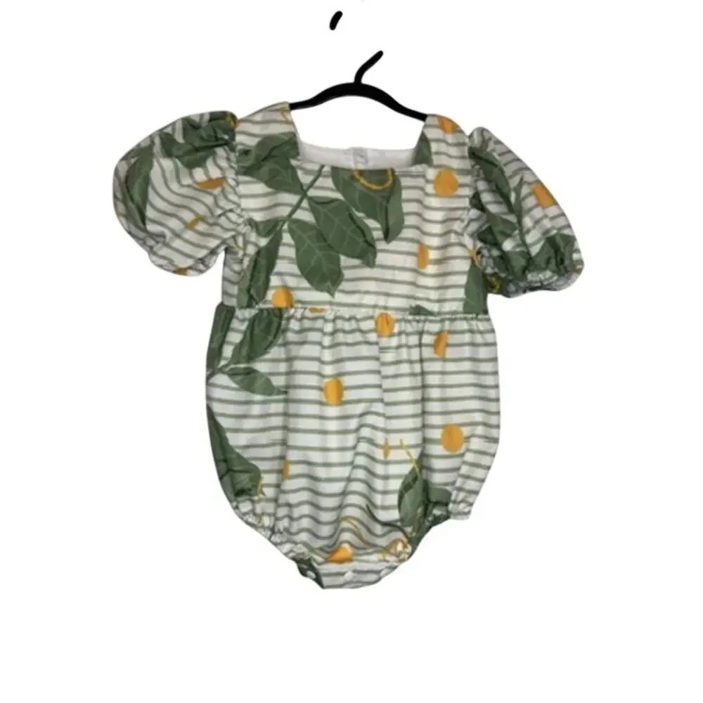 463. Mikistory Leaf Print Bubble Romper Size 9-12M Green/White